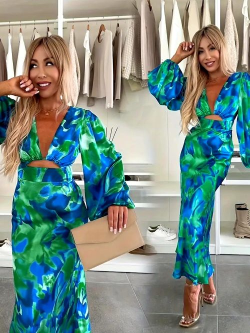 Elegantna maxi obleka z izrezom in dolgimi rokavi – modro-zelena